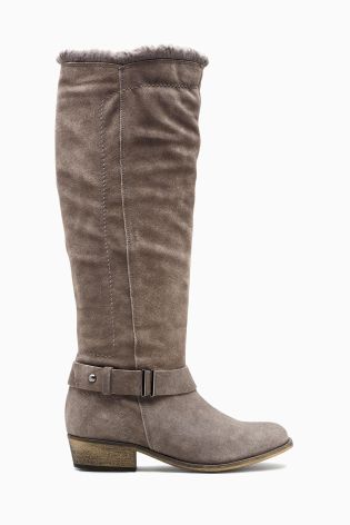 Grey Suede Faux Fur Topped Long Boots